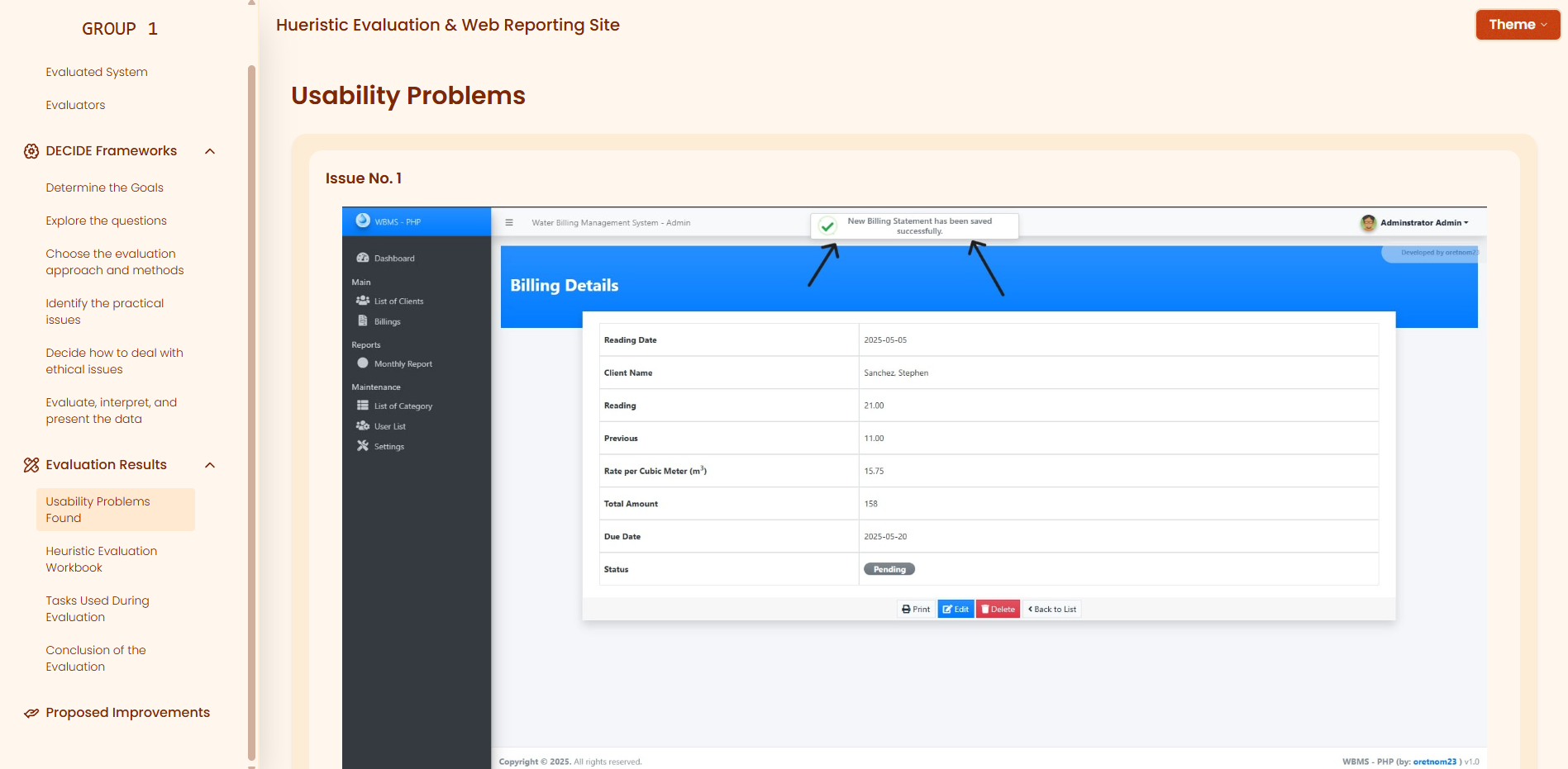 Heuristic evaluation reporting site preview